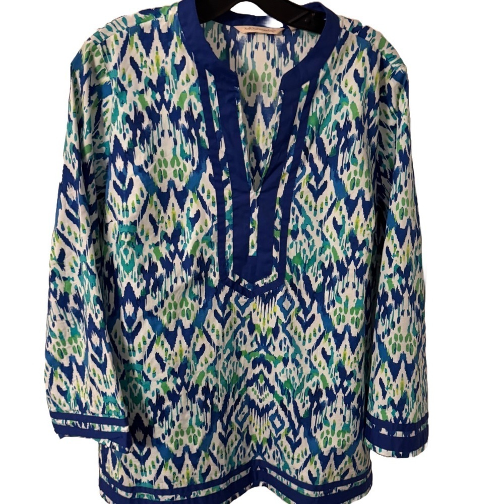 Soft Surroundings “Kirti Ikat”Women’s Top Blouse Sz L Blue & Green 3/4 Sleeves